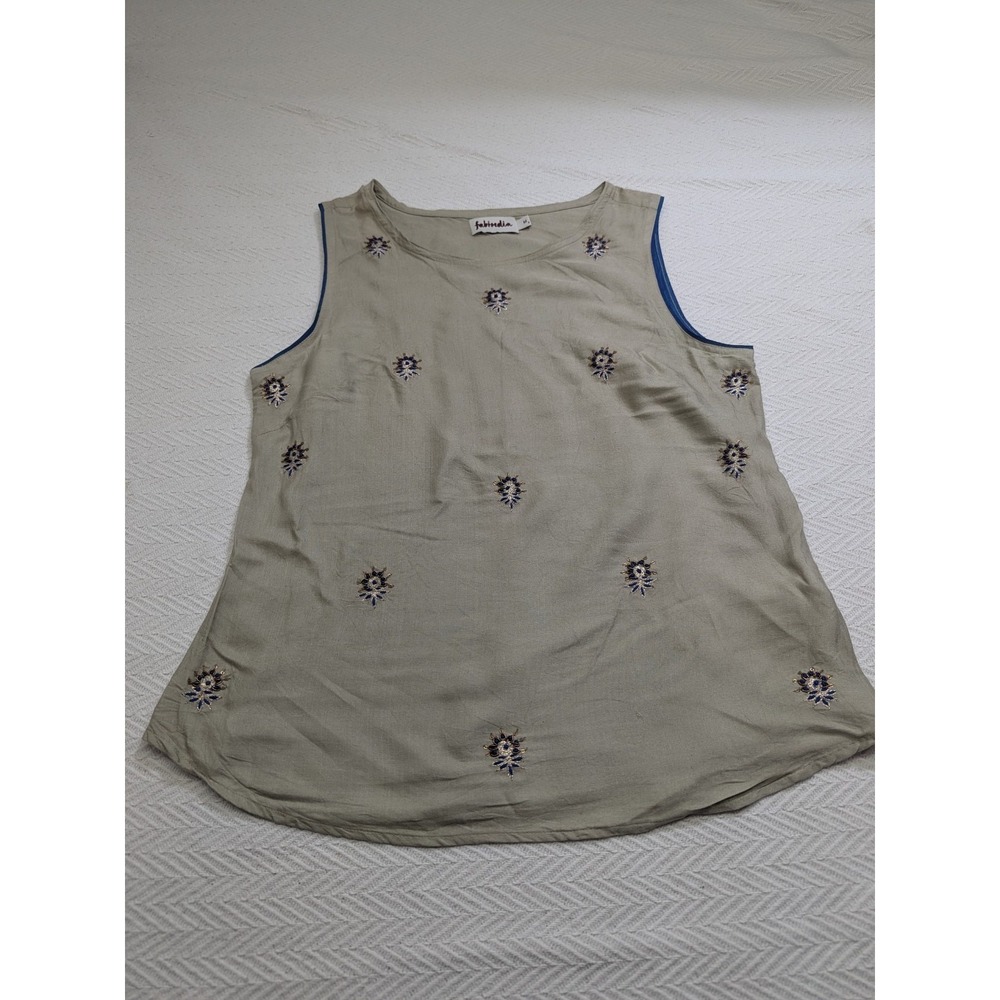 Fabindia India Embroidered Sleeveless Top Blouse M Olive Blue Boho Viscose Silk